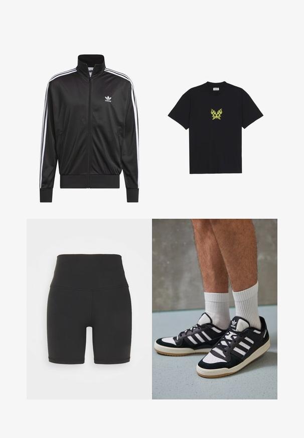 Juodas poliesterinis užtrauktukas su aukštu apykakle, baltos trijų juostelių dizainas palei rankoves ir mažas baltas Adidas logotipas kairiajame krūtinės pusėje.; Juodas medvilnės marškinėliai su mažuoju geltonu ugnies rašto drugeliu ant krūtinės. Apvalus kaklas, trumpi rankovės.; Aukšto liemens juodos sportinės šortai, pagaminti iš tamprių medžiagų, turintys lygią tekstūrą, trumpą ilgį ir tvirtą siuvimo detales.; Juodos ir baltos sportinės bateliai su zomšiniu ir odiniu viršumi, su trimis baltomis juostelėmis, perforuota koja ir guminėmis padais.