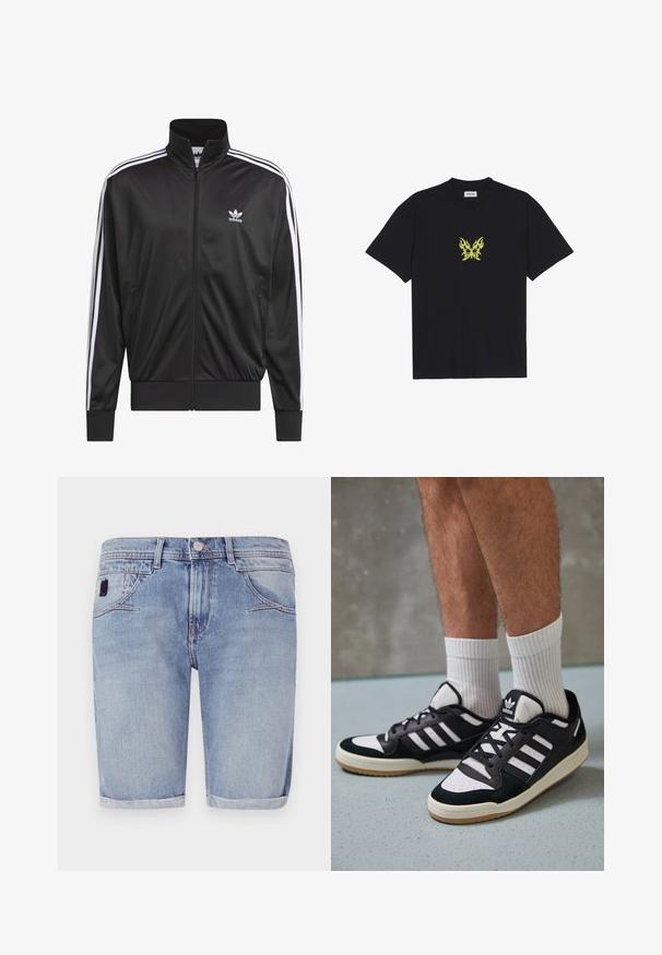 Mustad polüestrist tõmbluku jack, millel on kõrge krae, valge kolmest triibust koosnev disain varrukatel ja väike valge Adidas'i logo vasakul rinnal.; Must musta t-särk, millel on rinnal väike kollane leekidega liblika graafika. Ümmargune kaelus, lühikesed varrukad.; Heledad sinine denimist lühikesed püksid, sirge lõikega, kerge ääre keeramise ja õrna fade'iga. Omab eesmistel taskutel ja väikest kangast silti.; Mustvalged ja valged spordijalatsid, mille pealmine osa on valmistatud suede'ist ja nahast. Kingadel on kolm valget riba, auguline varvas ja kummist tald.
