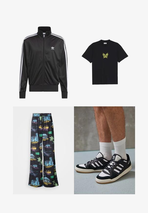 Black polyester zip-up jacket with high collar, white three-stripe design along sleeves, and small white Adidas logo on left chest.; Black cotton t-shirt featuring a small, yellow flame-patterned butterfly graphic on the chest. Crew neckline, short sleeves.; Heathe EKO TROUSERS - Trousers - black; Black and white sneakers with a suede and leather upper, featuring three white stripes, a perforated toe, and a gum rubber sole.