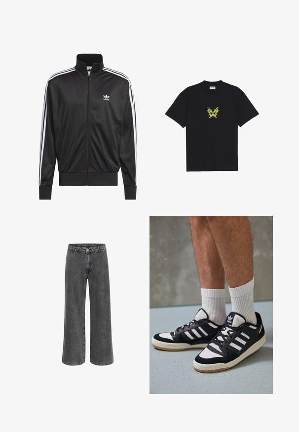 Zwarte polyester zip-up jas met hoge kraag, witte drie-strepen ontwerp langs de mouwen en klein wit Adidas-logo op de linkerbovenborst.; Zwarte katoenen t-shirt met een kleine gele vlinderafbeelding met vlampatroon op de borst. Ronde halslijn, korte mouwen.; Wijdvallende broek in vervaagd zwart denim, met een klassieke knoopsluiting, vijf-pocket ontwerp en een licht gestructureerde afwerking.; Zwart-witte sneakers met een bovenwerk van suede en leer, voorzien van drie witte strepen, een geperforeerde neus en een rubberen gumzool.