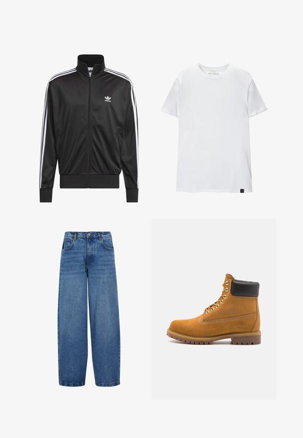 Črna poliestrska jakna s kapuco na zadrgo in visokim ovratnikom, z belim dizajnom treh črt po rokavih in majhnim belim logotipom Adidas na levem prsnem delu.; Bela majica oprijetog kroja izrađena od pamuka. Okrugli izrez, kratki rukavi, glatka tekstura. Mala crna oznaka na rubu. Jednostavan dizajn.; Hlače širokih nogavic iz srednje modrega jeansa. Imajo visoko pas, klasičen pet-pocket dizajn in subtilno bledenje po nogah. Standarden rob.; Svetlo rjave anklne čizme iz semiša z črnim oblazinjenim ovratnikom, zlatimi kovinskimi očesci, belimi šivi in robustnim gumijastim podplatom s izrazitimi tredi.