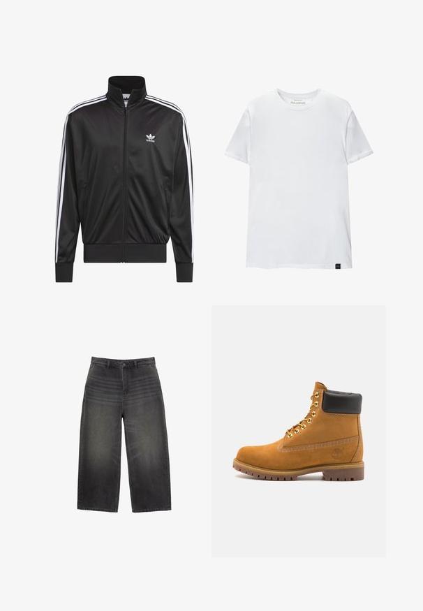 Jachetă neagră din poliester, cu fermoar, guler înalt, design cu trei dungi albe pe mâneci și mici logo-uri albe Adidas pe pieptul stâng.; Tricou alb, ajustat pe corp, din bumbac. Gât rotund, mâneci scurte, textură netedă. Etichetă mică de logo negru la margine. Design simplu.; Blugi negri, cu croială evazată, din denim cu un finisaj deteriorat, având un design clasic cu cinci buzunare și închidere cu nasture. Croială dreaptă cu o suprafață texturată.; Cizmă de gleznă din întoarsă de culoare bej, cu guler negru căptușit, ochiuri din metal auriu, detalii de cusătură albă și talpă din cauciuc robustă, cu un model pronunțat.