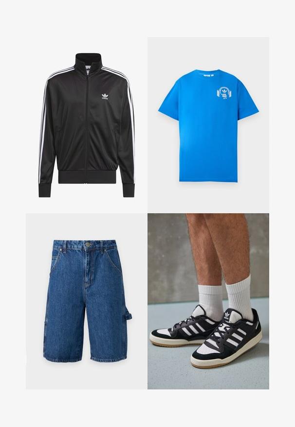 Fekete poliészter zipzáros dzseki magas gallérral, fehér háromsávos mintázattal az ujjak mentén, és kisméretű fehér Adidas logóval a bal mellrészen.; Kék pamut póló rövid ujjakkal. Elöl fehér grafikával díszített, amelyen egy fejhallgatós karakter és egy ív látható.; Közép-kék színű denim shorts, magas derékkal, két elülső zsebbel és egy oldalsó zsebbel, amelynek pántja van. Sima textúra, laza dizájn.; Fekete-fehér tornacipők velúr és bőr felsőrésszel, három fehér csíkkal, perforált orral és gumi talppal.