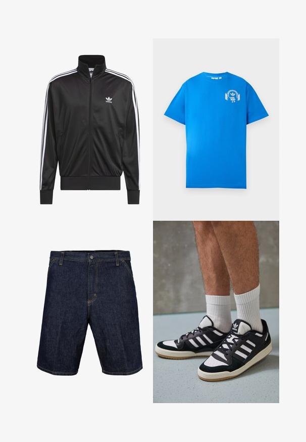 Black polyester zip-up jacket with high collar, white three-stripe design along sleeves, and small white Adidas logo on left chest.; Blue cotton t-shirt with short sleeves. Features a white graphic design on the front, displaying a character with headphones and an arch.; Denim shorts in dark blue with yellow stitching, featuring a front button, belt loops, and side pockets. Smooth texture, knee-length design.; Black and white sneakers with a suede and leather upper, featuring three white stripes, a perforated toe, and a gum rubber sole.
