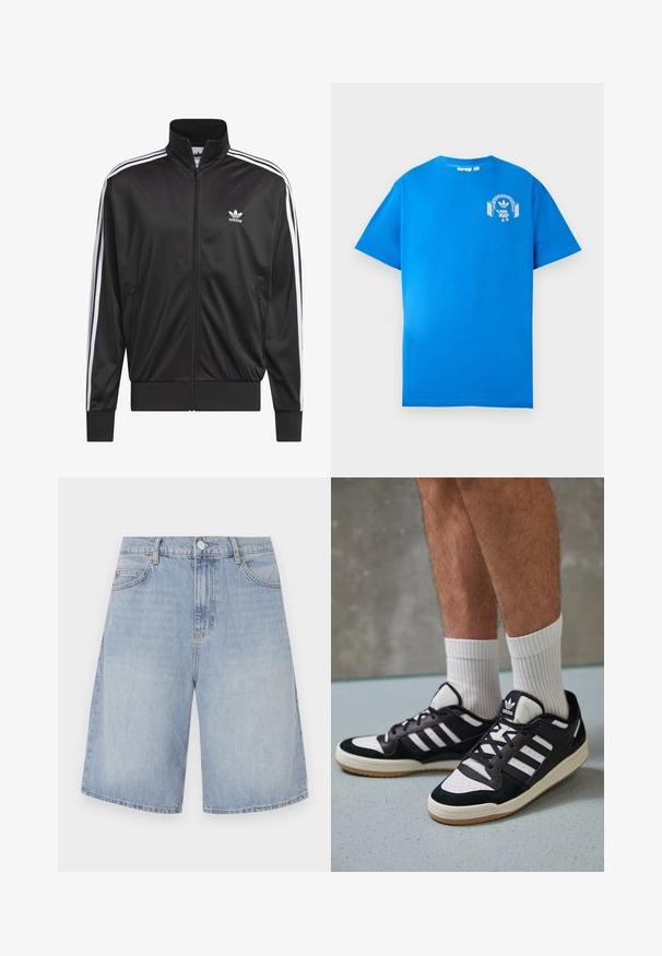 Melnas poliestera zip-up jaka ar augstu apkakli, baltu triju svītru dizainu gar piedurknēm un mazliet baltu Adidas logo kreisajā krūtī.; Zila kokvilnas T-krekls ar īsām piedurknēm. Priekšpusē ir balts grafiskais dizains, kurā attēlots varonis ar austiņām un arku.; Gai zili džinsi šorti ar taisnu griezumu, kuriem ir piecas kabatas un augšējā pogas aizdare. Materiāls ir mīksts un ar vieglu izbalējumu.; Melnas un baltas kedas ar zamša un ādas augšdaļu, kas aprīkotas ar trim baltām svītrām, perforētu purngali un gumijas zolēm.