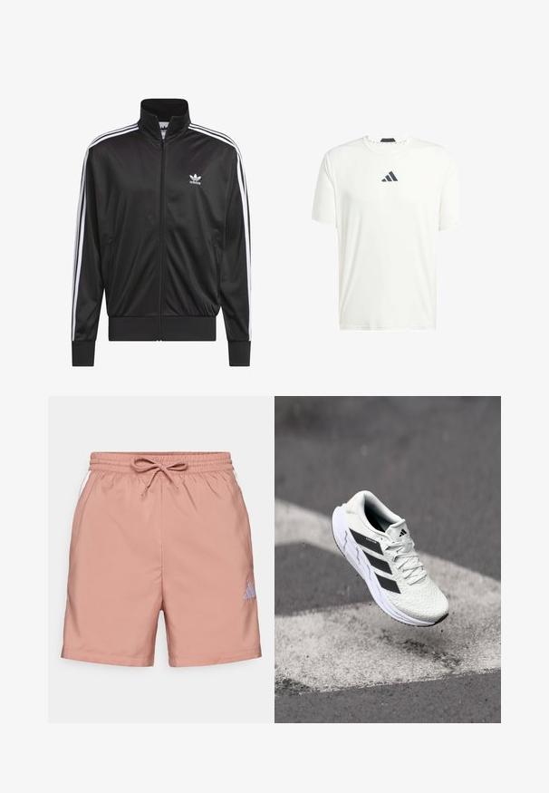 Juodas poliesterinis užtrauktukas su aukštu apykakle, baltos trijų juostelių dizainas palei rankoves ir mažas baltas Adidas logotipas kairiajame krūtinės pusėje.; Baltas trumpas rankovėmis marškinėliai, pagaminti iš lengvos medžiagos, su apvalia iškirpte ir tamsiai pilku logotipu ant krūtinės. Lygus paviršius, laisvalaikio stiliaus pritaikymas.; Šviesiai rožinės šortai su elastinga juosmens juosta ir raišteliu. Šoninėse dalyse yra baltos juostos, o apatinėje kojos dalyje matomas mažas mėlynas Adidas logotipas.; Balti sportiniai batai su tekstūruota tinkleliu viršuje, juodomis juostelėmis, su raištelių uždarymu ir paminkštintu padu, kabo virš pažymėtos kelio dangos.