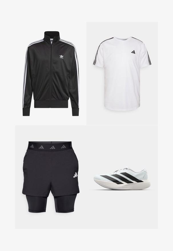 Black polyester zip-up jacket with high collar, white three-stripe design along sleeves, and small white Adidas logo on left chest.; White t-shirt made of cotton with crew neckline, short sleeves, and black three-stripe accents on shoulders; features a small black logo.; Black athletic shorts with an inner layer. Textured fabric on outer shorts, featuring a patterned elastic waistband and a logo accent.; Lightweight running shoes in pale blue with black stripes. Features a smooth upper, round toe, and thick white midsole labeled "LIGHTSTRIKE PRO."