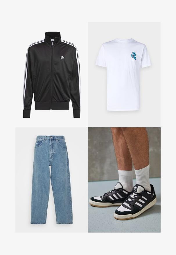 Crna poliester jakna s patentnim zatvaračem i visokim ovratnikom, bijeli dizajn s tri pruge duž rukava i mali bijeli Adidas logo na lijevoj strani prsnog koša.; Bijela pamučna majica s grafikom plave čudovišne ruke na lijevoj strani prsa. Jednostavan dizajn s okruglim izrezom i kratkim rukavima.; Svijetloplave traperice s visokim strukom, ležernog kroja, koje imaju dva prednja džepa, stražnji džep s pletenicom i kopčanje na gumb.; Crne i bijele tenisice s gornjim dijelom od antilopa i kože, s tri bijele pruge, perforiranim prstom i gumiranim potplatom.