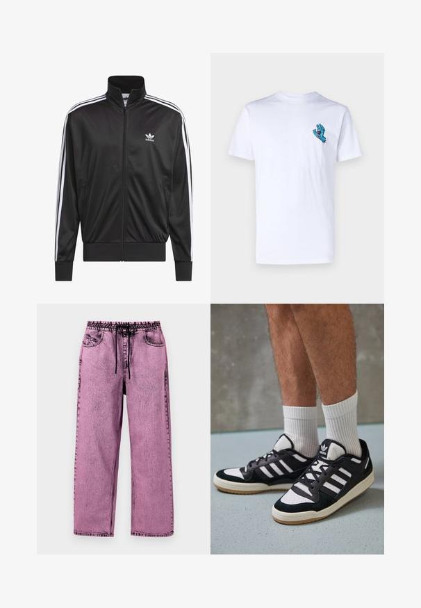 Veste zippée en polyester noir avec col montant, design à trois rayures blanches le long des manches et petit logo Adidas blanc sur la poitrine gauche.; T-shirt en coton blanc avec un graphique représentant une main de monstre bleue sur la poitrine gauche. Design simple à col rond et à manches courtes.; Pantalon en denim rose avec une taille élastique et un cordon de serrage, doté de poches latérales et d'une coupe décontractée. Texture déchirée sur l'ensemble.; Baskets noir et blanc avec une tige en suède et cuir, comportant trois rayures blanches, un bout perforé et une semelle en caoutchouc gum.