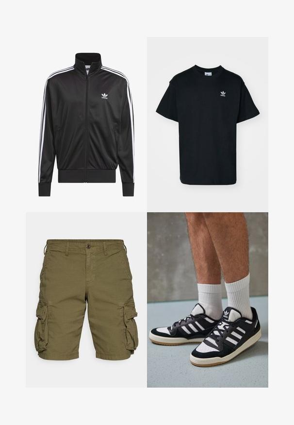 Fekete poliészter zipzáros dzseki magas gallérral, fehér háromsávos mintázattal az ujjak mentén, és kisméretű fehér Adidas logóval a bal mellrészen.; Fekete pamut póló kerek nyakkal és rövid ujjal, bal melle részen egy kis fehér Adidas logóval.; GAP Rövidnadrágok - army jacket green; Fekete-fehér tornacipők velúr és bőr felsőrésszel, három fehér csíkkal, perforált orral és gumi talppal.