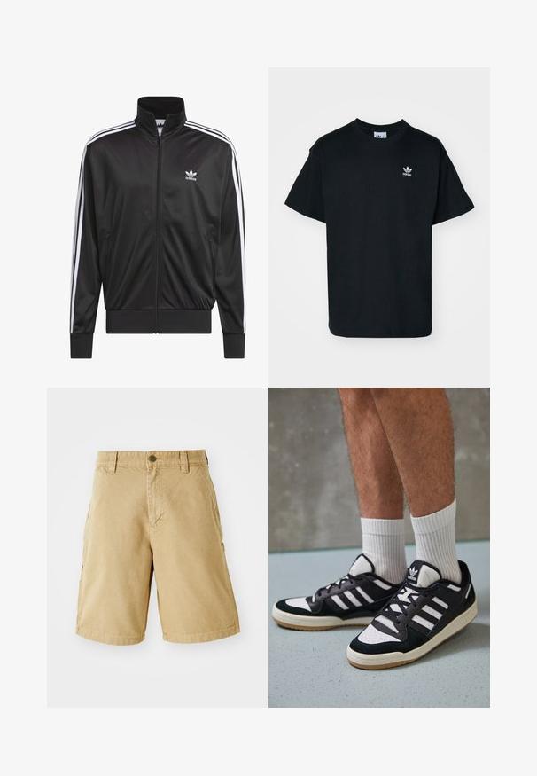Zwarte polyester zip-up jas met hoge kraag, witte drie-strepen ontwerp langs de mouwen en klein wit Adidas-logo op de linkerbovenborst.; Zwarte katoenen t-shirt met een ronde hals en korte mouwen, voorzien van een klein wit Adidas-logo op de linkerborst.; Beige katoenen cargo shorts met voor- en zijzakken, riemlussen en een metalen knoopsluiting. Rechte snit en knielange ontwerp.; Zwart-witte sneakers met een bovenwerk van suede en leer, voorzien van drie witte strepen, een geperforeerde neus en een rubberen gumzool.