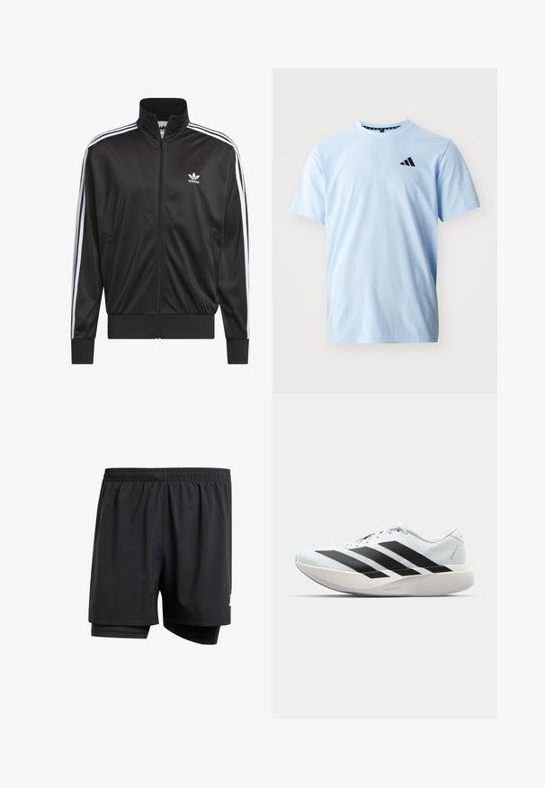 Čierna polyesterová bunda na zips s vysokým golierom, biely trojprúžkový dizajn pozdĺž rukávov a malé biele logo Adidas na ľavej hrudi.; Svetlomodré bavlnené tričko s krátkymi rukávmi, okrúhlym výstrihom a čiernym logom na hrudi. Hladká textúra a uvoľnený strih.; Čierne športové šortky s elastickým pásom, vnútornou podšívkou a malým logom na boku. Ľahký materiál a voľný strih.; Ľahké bežecké topánky v svetlomodrej farbe s čiernymi pruhmi. Majú hladký zvršok, okrúle špičky a hrubú bielu medzipodrážku označenú "LIGHTSTRIKE PRO."