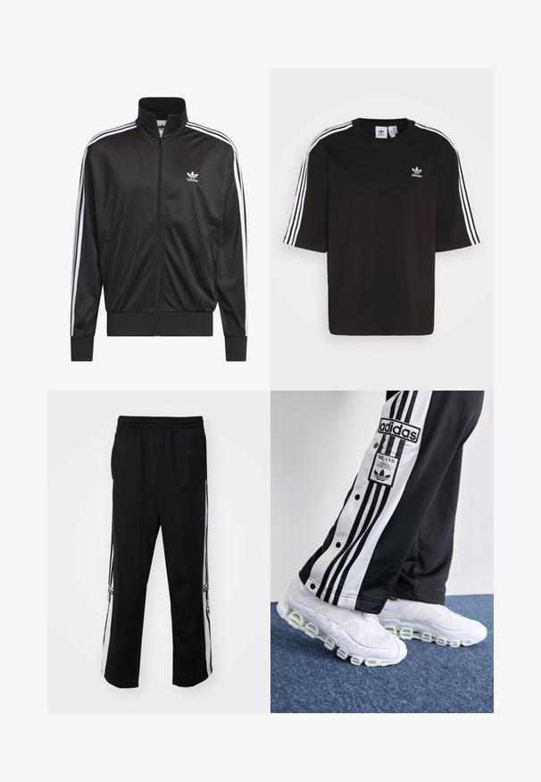 Melnas poliestera zip-up jaka ar augstu apkakli, baltu triju svītru dizainu gar piedurknēm un mazliet baltu Adidas logo kreisajā krūtī.; Melna īsām piedurknēm T-krekls no kokvilnas, ar baltām trīs svītrām uz pleciem un izšūtu Adidas logotipu uz krūtīm.; Melnas sporta bikses, kas izgatavotas no gludas auduma, ar baltām sānu svītrām un elastīgu jostasvietu komfortam. Nav ievērojamu detaļu vai rakstu.; Adidas sporta bikses melnā un baltā krāsā ar trim svītrām un pogām, saliktām kreisajā pusē, apvienotas ar baltām sporta kurpēm ar masīvu, cilindrisku zoli.