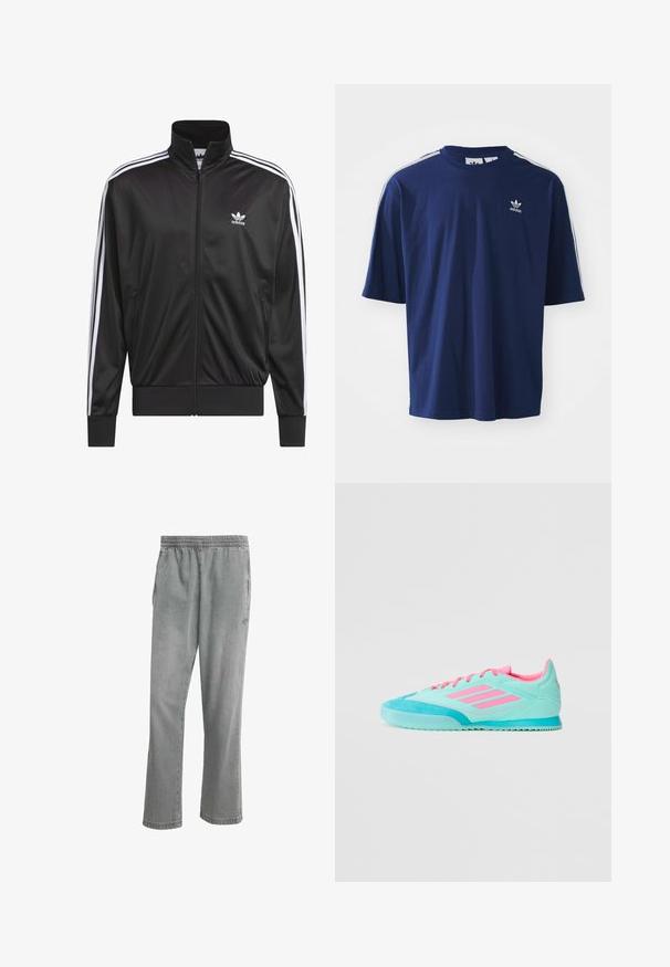 Črna poliestrska jakna s kapuco na zadrgo in visokim ovratnikom, z belim dizajnom treh črt po rokavih in majhnim belim logotipom Adidas na levem prsnem delu.; Temno modra bombažna majica s kratkimi rokavi, okroglo dekolte, tri bele črte na ramenih in manjši bel logo na prsih.; Sivi denim hlače z elastičnim pasom, stranskimi žepi, ravnimi hlačnicami in tonalnim logotipom na strani.; Turkizne športne čevlje s rožnatimi poudarki, z gladkim tekstilnim zgornjim delom, semiš znakom na prstih in rebrastim gumijastim podplatom.