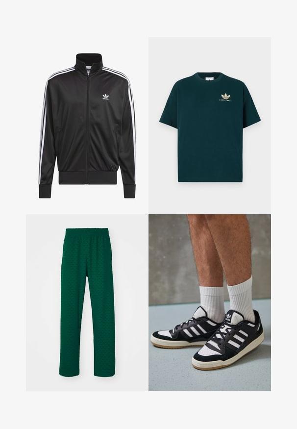 Czarna kurtka polarowa z zamkiem błyskawicznym i wysokim kołnierzem, biała trójpasowa linia wzdłuż rękawów oraz małe białe logo Adidas na lewej piersi.; Ciemnozielona koszulka bawełniana z okrągłym dekoltem i krótkimi rękawami, z nadrukowanym złotym logo przedstawiającym trzy liście oraz słowem "BASKETBALL".; Zielone spodnie z teksturowanym materiałem i elastycznym ściągaczem w talii. Tkanina ma subtelny wzór i szerokie, proste nogawki.; Czarno-białe sneakersy z zamszową i skórzaną cholewką, z trzema białymi paskami, perforowanym czubkiem i gumową podeszwą w kolorze gumy.