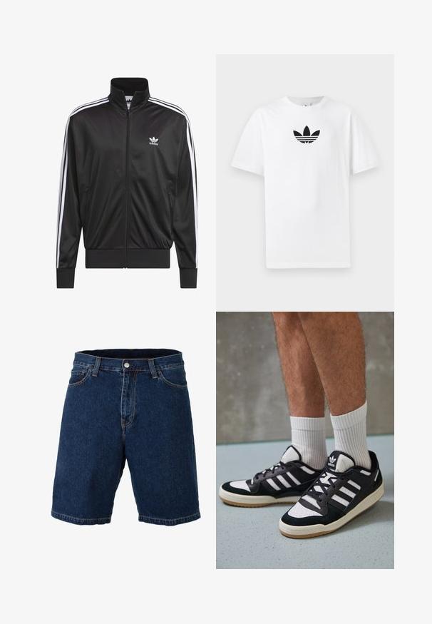 Crna poliester jakna s patentnim zatvaračem i visokim ovratnikom, bijeli dizajn s tri pruge duž rukava i mali bijeli Adidas logo na lijevoj strani prsnog koša.; Bijela pamučna majica s crnim Adidas logom u centru. Kratki rukavi i dizajn s okruglim izrezom. Glatka tekstura.; Traper šorts u tamnoplavoj boji s ravnim krojem, redovnim pojasom i metalnim kopčanjem; ima kontrastne žute šavove i rub.; Crne i bijele tenisice s gornjim dijelom od antilopa i kože, s tri bijele pruge, perforiranim prstom i gumiranim potplatom.