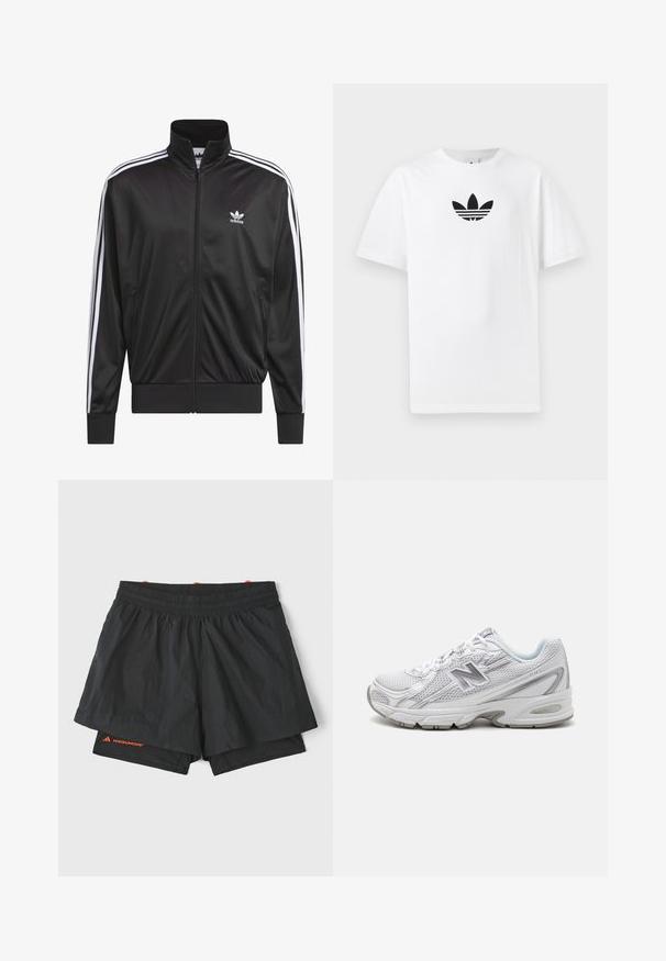 Schwarze Polyester-Jacke mit Reißverschluss und hohem Kragen, weißem Dreistreifen-Design an den Ärmeln und kleinem weißen Adidas-Logo auf der linken Brust.; Weißes Baumwoll-T-Shirt mit einem schwarzen Adidas-Logo in der Mitte. Kurze Ärmel und Rundhalsausschnitt. Glatte Textur.; Schwarze Sportshorts mit einem elastischen Bund, Innenfutter und perforierten Seitenpaneelen. Mit orangefarbener Markenkennzeichnung am Unterschenkel.; Weißer Sportschuh mit Obermaterial aus Mesh, reflektierenden Akzenten und gepolsteter Sohle. Verfügt über eine abgerundete Zehenpartie und ein Schnürsystem für einen sicheren Sitz.