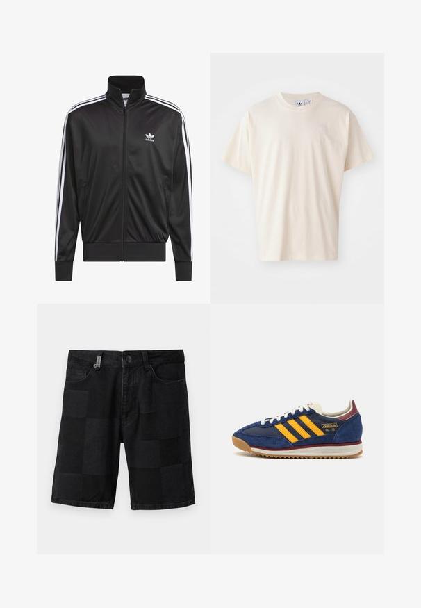 Musta polyesteristä valmistettu vetoketjullinen takki, jossa on korkea kaulus, valkoiset kolme raitaa hihoissa ja pieni valkoinen Adidas-logo vasemmassa rinnassa.; Kerman puuvillapaita, jossa on pyöreä kaula-aukko ja lyhyet hihat; rinnassa on pieni, vaaleanvärinen logo.; Musta farkkushortsit teksturoidulla patchwork-kuvioilla, viisi taskua, nappisuljenta ja vetskari.; Navy suede sneaker dengan garis kuning, tali sepatu putih, dan aksen burgundy. Sol bercorak dengan alur untuk traksi. Logo merek di samping.