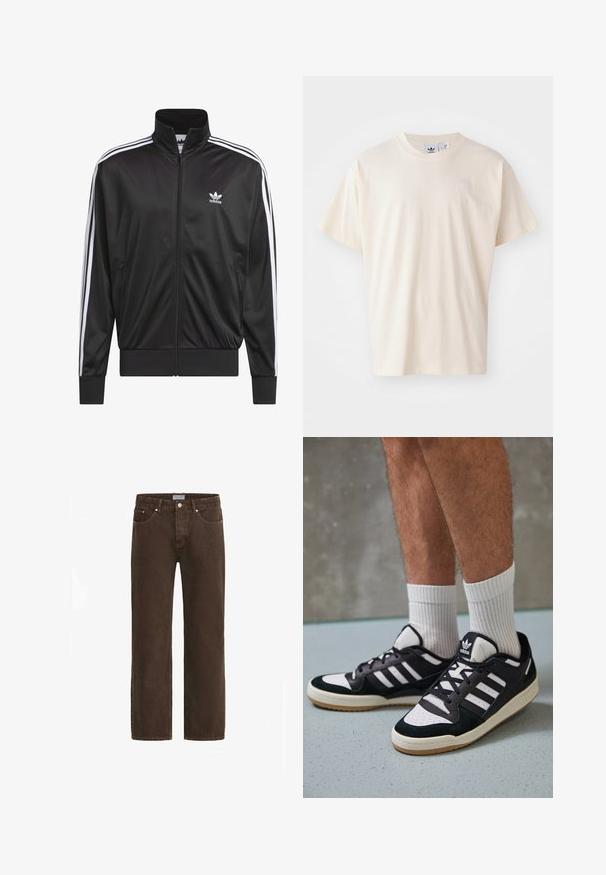 Svart polyester zip-up jakke med høy krage, hvit tre-stripesdesign langs ermene, og liten hvit Adidas-logo på venstre bryst.; Kremfarget bomullst-skjorte med rund hals og korte ermer; har en liten, lysfarget logo på brystet.; Brune denimjeans med rett ben, fem-lomme design og metalldetaljer. Har knappelukking og merket midjebånd.; Sorte og hvite sneakers med overdel i semsket skinn og lær, med tre hvite striper, perforert tå og en såle av gummi.