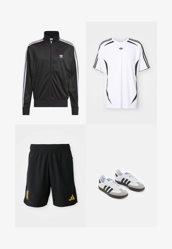 Zwarte polyester zip-up jas met hoge kraag, witte drie-strepen ontwerp langs de mouwen en klein wit Adidas-logo op de linkerbovenborst.; Witte t-shirt met korte mouwen, voorzien van zwarte zijaccenten en drie zwarte strepen op de schouders. Inclusief klein zwart logo op de borst.; Zwarte sportieve shorts gemaakt van lichtgewicht stof, met een geel Belgisch vlag-embleem en een geel Adidas-logo aan de zijkant.; Sportschoenen met een witte leren bovenkant, grijze suède neus en drie zwarte strepen. Bevat een blauw logo op de tong en een gestructureerde rubberen zool.