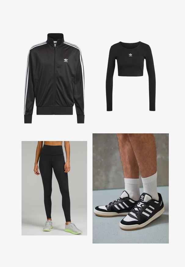 Melnas poliestera zip-up jaka ar augstu apkakli, baltu triju svītru dizainu gar piedurknēm un mazliet baltu Adidas logo kreisajā krūtī.; Melna garām piedurknēm apgriezta augšdaļa, izgatavota no ribota auduma ar apaļu kakla izgriezumu; centrā krūtīs ir balts Adidas logotips.; Augsts jostas melnas legins, izgatavoti no stiepjama materiāla, ar gludu tekstūru un pieguļošu dizainu. Valkāti ar gaiši pelēkiem sporta apaviem.; Melnas un baltas kedas ar zamša un ādas augšdaļu, kas aprīkotas ar trim baltām svītrām, perforētu purngali un gumijas zolēm.