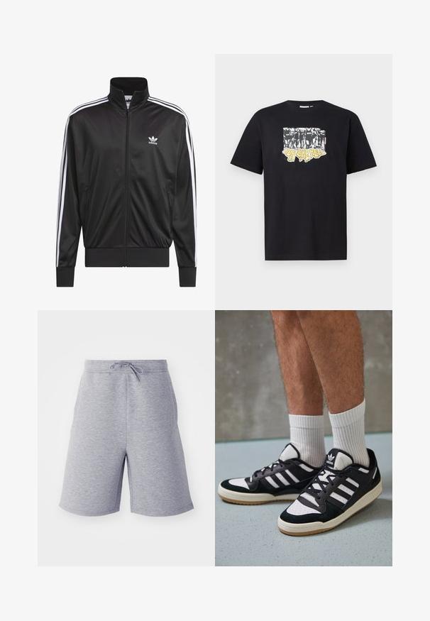 Jaqueta preta em poliéster com fecho, gola alta, design de três riscas brancas nas mangas e pequeno logótipo Adidas branco no lado esquerdo do peito.; T-shirt preta de algodão com uma impressão gráfica em branco e amarelo com o texto "IRON LIKE HELL" e um design de silhuetas.; Calções cinza em mistura de algodão com cintura elástica e cordão ajustável. Apresentam bolsos laterais e um design de corte reto.; Ténis em preto e branco com upper em camurça e couro, apresentando três riscas brancas, um toe perfurado e uma sola em borracha de goma.