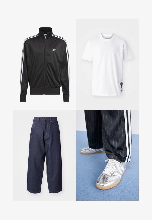 Giacca nera in poliestere con zip e collo alto, design a tre strisce bianche lungo le maniche e piccolo logo Adidas bianco sul lato sinistro del petto.; T-shirt bianco in cotone con maniche corte, scollatura rotonda e un'etichetta nera con il logo Adidas sul lato inferiore sinistro. Texture liscia.; Jeans in denim blu scuro con un design ampio e svasato. Le caratteristiche includono una chiusura con bottone, tasche frontali e dettagli di cucitura visibili.; Sneakers metallici argentati con lacci bianchi e tre strisce bianche, abbinati a pantaloni neri a righe sottili. Accent legato alla suola in gomma.