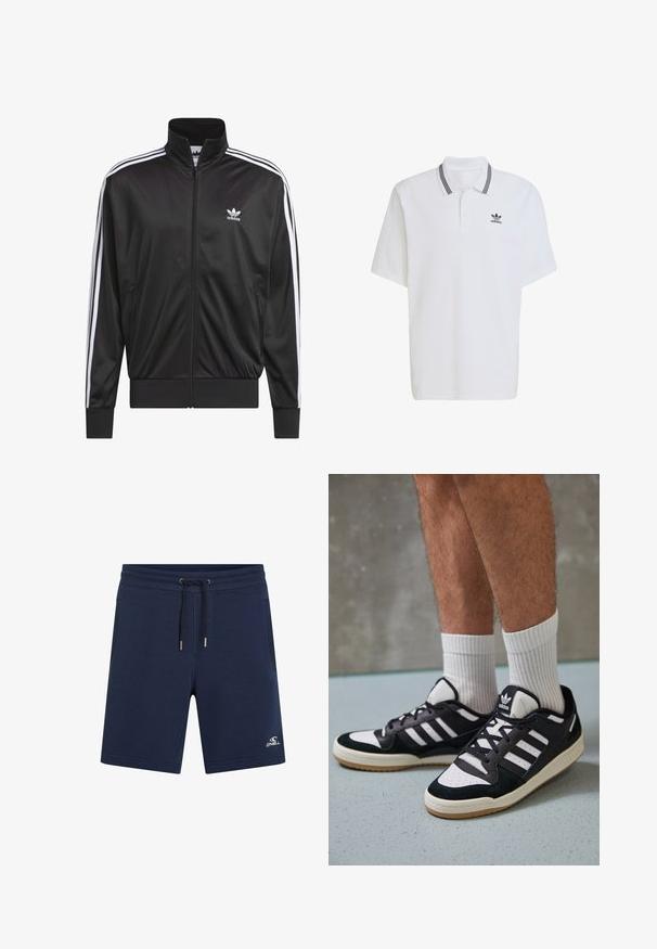Black polyester zip-up jacket with high collar, white three-stripe design along sleeves, and small white Adidas logo on left chest.; White polo shirt made of cotton, featuring a ribbed collar with black stripes and a small black logo on the left chest. Short sleeves.; Navy blue cotton shorts with an elastic waistband, drawstring closure, side pockets, and white logo on the lower left leg.; Black and white sneakers with a suede and leather upper, featuring three white stripes, a perforated toe, and a gum rubber sole.
