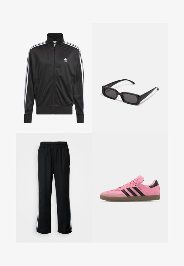 Fekete poliészter zipzáros dzseki magas gallérral, fehér háromsávos mintázattal az ujjak mentén, és kisméretű fehér Adidas logóval a bal mellrészen.; Fehér, rövid ujjú póló, puha pamutból készült, kerek nyakkivágással és lazább szabással, egyenes szegéllyel. Nincsenek rajta minták vagy díszítések.; Fekete sportnadrág rugalmas derékrésszel, fehér oldalsávokkal és egy kis logóval. Az anyaga lágy és könnyűnek tűnik.; Rózsaszín sportcipők fekete csíkokkal és kiegészítőkkel. Texturált felsőrésszel, kerek orral és gumitalppal rendelkezik. Fűzős rendszer, párnázott nyelvvel.; Fekete, téglalap alakú napszemüveg sötét lencsékkel, fényes felülettel, széles szárakkal és masszív keret designnal. Az egyik szárra gravírozott márkanevével.; Fekete üzenetküldő táska tartós anyagból, hajtóka záródással, állítható vállpánttal és elülső logó részlettel.