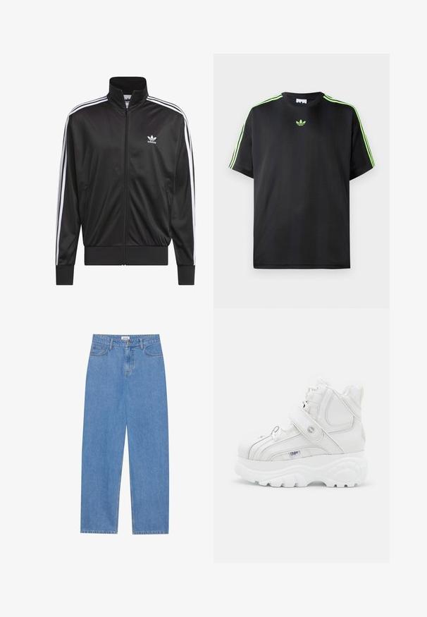 Czarna kurtka polarowa z zamkiem błyskawicznym i wysokim kołnierzem, biała trójpasowa linia wzdłuż rękawów oraz małe białe logo Adidas na lewej piersi.; Czarna koszulka z gładkiego materiału z okrągłym dekoltem, z trzema zielonymi paskami na ramionach i małym zielonym logo na piersi.; Jasnoniebieskie dżinsy w prostym kroju, z pięcioma kieszeniami, jednobutonowym zapięciem i subtelnymi detalami haftu na szwach.; Białe, wysokie trampki wykonane ze skóry, z paskiem na klamrę, okrągłym noskiem, grubą podeszwą i pionowymi detalami szwów.
