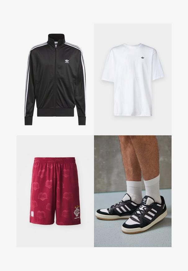 Schwarze Polyester-Jacke mit Reißverschluss und hohem Kragen, weißem Dreistreifen-Design an den Ärmeln und kleinem weißen Adidas-Logo auf der linken Brust.; Weißes Baumwoll-T-Shirt mit Rundhalsausschnitt und kurzen Ärmeln, mit einem kleinen schwarzen Adidas-Logo auf der Brust.; Bordeauxfarbene Sportshorts mit einem elastischen Bund, ausgestattet mit einem dezenten Herzmuster und einem weißen Logo mit drei Sternen auf einem Bein.; Schwarz-weiße Sneaker mit einem Obermaterial aus Wildleder und Leder, ausgestattet mit drei weißen Streifen, einer perforierten Zehenpartie und einer Sohle aus Gummi.
