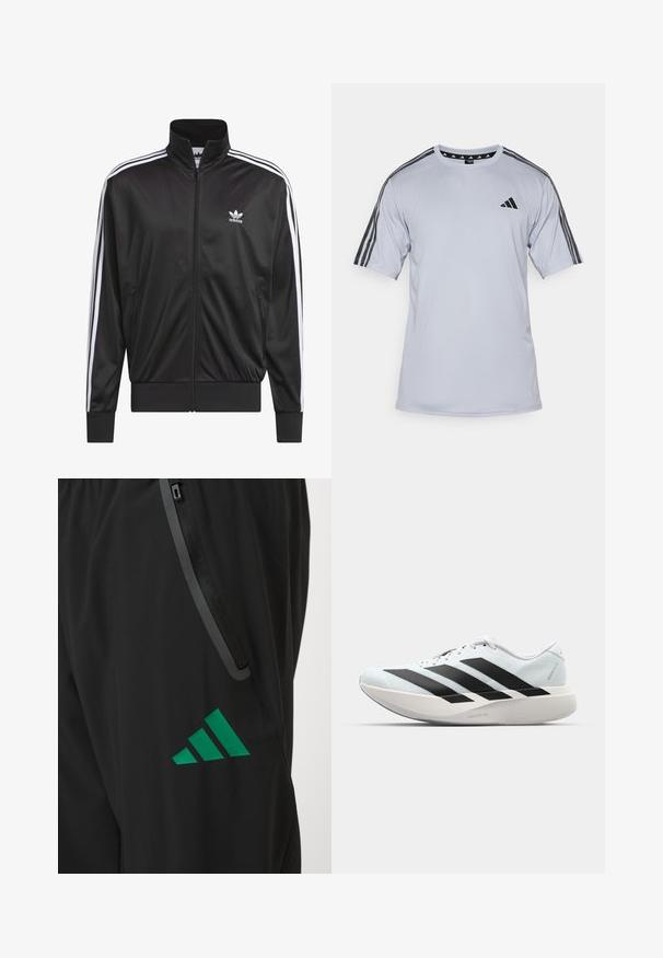 Sort polyester zip-jakke med høj krave, hvid tre-stribe design langs ærmerne og lille hvid Adidas-logo på venstre bryst.; Lys grå kortærmet træningsskjorte lavet af åndbart stof. Har sorte tre-stribe accenter på skuldrene og et lille logo på brystet.; Sorte træningsbukser lavet af glat stof, med et grønt Adidas-logo og en lomme med lynlås og kontrastkanter.; Letvægtige løbesko i lys blå med sorte striber. Har en glat overdel, rund tå og tyk hvid mellemsål mærket "LIGHTSTRIKE PRO."