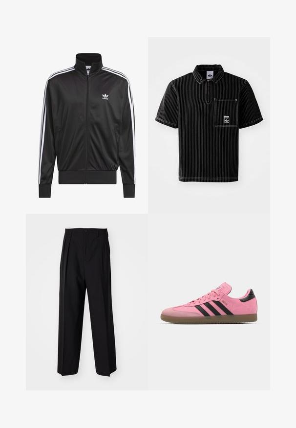 Svart polyester zip-up jakke med høy krage, hvit tre-stripesdesign langs ermene, og liten hvit Adidas-logo på venstre bryst.; Svart kortermet polo med frontglidelås, hvite vertikale striper, brystlomme med lite logo og strukturert stoff.; Sorte plissert bukser med en rett, bred benform. Laget av glatt stoff, med knappelukking og beltehemper.; Rosa idrettssko med svarte striper og detaljer. Har en teksturert overdel, rund tå og en gummisåle. Lisse-system med polstret tunge.