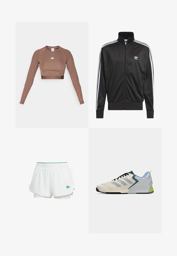 Black polyester zip-up jacket with high collar, white three-stripe design along sleeves, and small white Adidas logo on left chest.; Brown long-sleeve crop top made of smooth, stretchy fabric. Features a rounded neckline and a contrasting white logo on the chest.; White athletic shorts with a layered design, elastic waistband, green accents, and a small green logo on the lower left side.; Lightweight athletic shoes featuring a cream mesh upper, grey stripes, a green accent, and a textured blue heel counter. Black laces.