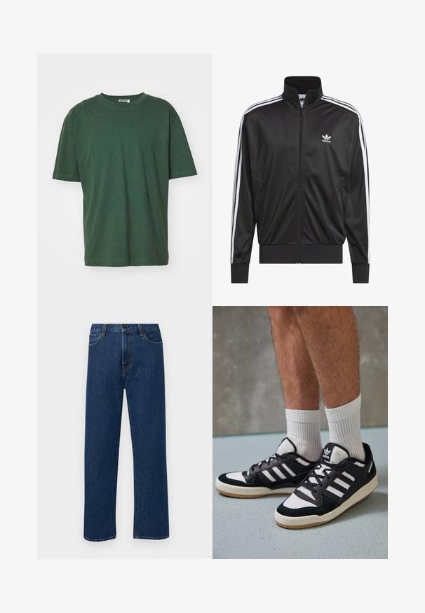 Black polyester zip-up jacket with high collar, white three-stripe design along sleeves, and small white Adidas logo on left chest.; Green cotton t-shirt with a classic crew neck, short sleeves, and a relaxed fit. The fabric has a smooth texture and no visible patterns.; Dark blue straight-leg denim jeans with front pockets and a button closure, displayed on a plain white background.; Black and white sneakers with a suede and leather upper, featuring three white stripes, a perforated toe, and a gum rubber sole.