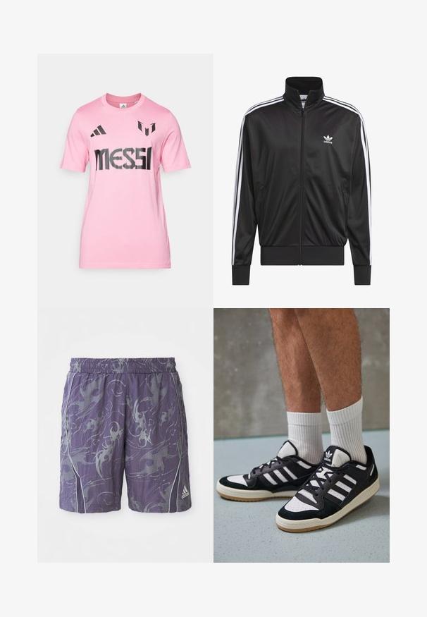 Crna poliester jakna s patentnim zatvaračem i visokim ovratnikom, bijeli dizajn s tri pruge duž rukava i mali bijeli Adidas logo na lijevoj strani prsnog koša.; Ružičasta pamučna majica s kratkim rukavima s crnim otisnutim tekstom "MESSI", adidas logom i karakterističnim dizajnerskim detaljima na ramenima.; Ljubičaste sportske kratke hlače s apstraktnim srebrnim uzorcima, elastičnom strukom, bočnim trakama i Adidas logotipom na donjem desnom dijelu nogavice.; Crne i bijele tenisice s gornjim dijelom od antilopa i kože, s tri bijele pruge, perforiranim prstom i gumiranim potplatom.