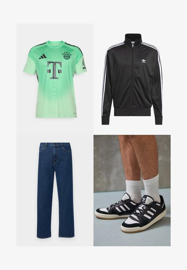 Mustad polüestrist tõmbluku jack, millel on kõrge krae, valge kolmest triibust koosnev disain varrukatel ja väike valge Adidas'i logo vasakul rinnal.; Mündroheline jalgpallipaita mustade aktsentidega, gradientdisain, mille keskel on suur must logo ja ülemises vasakus nurgas meeskonna embleem.; Tumedat sinised sirged teksapüksid esikottide ja nupuklõpsuga, esitatud helesinisel taustal.; Mustvalged ja valged spordijalatsid, mille pealmine osa on valmistatud suede'ist ja nahast. Kingadel on kolm valget riba, auguline varvas ja kummist tald.