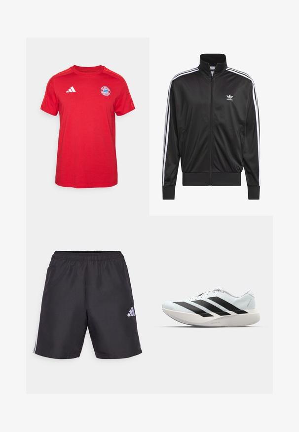 Black polyester zip-up jacket with high collar, white three-stripe design along sleeves, and small white Adidas logo on left chest.; Red cotton t-shirt with short sleeves, a crew neck, white adidas logo, and a FC Bayern Munich crest on the chest.; Black athletic shorts with an elastic waistband, featuring three white vertical stripes on each side and a small white logo on the lower left.; Lightweight running shoes in pale blue with black stripes. Features a smooth upper, round toe, and thick white midsole labeled "LIGHTSTRIKE PRO."