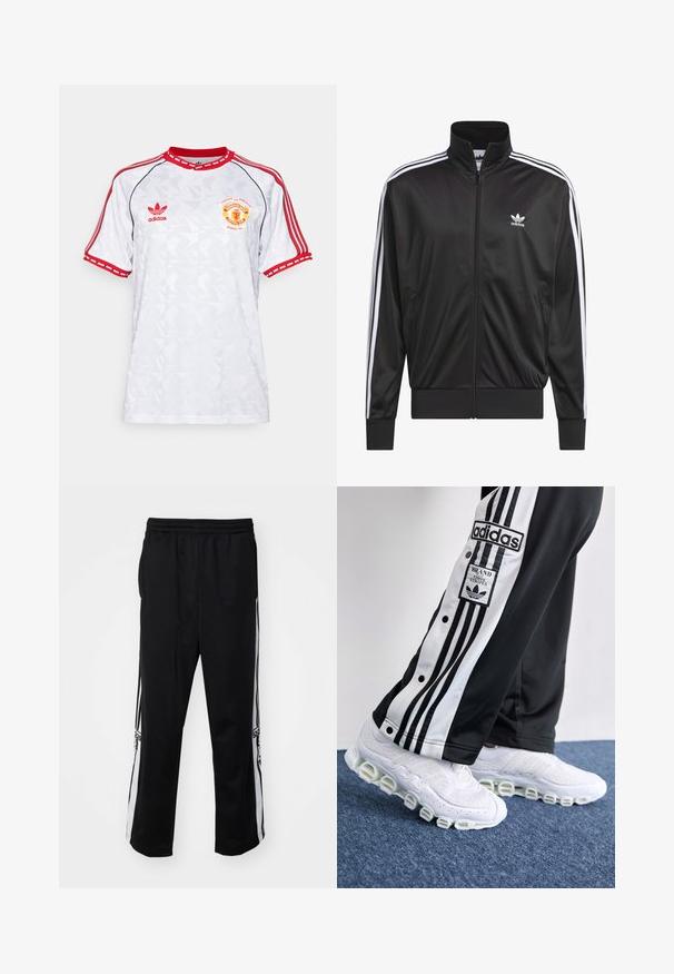 Svart polyester zip-up jakke med høy krage, hvit tre-stripesdesign langs ermene, og liten hvit Adidas-logo på venstre bryst.; Hvit kortermet fotballskjorte med røde detaljer, prydet med et geometrisk mønster og en laglogo på brystet; laget av glatt stoff.; Svart treningbukser laget av glatt stoff, med hvite sidestriper og elastisk midje for komfort. Ingen bemerkelsesverdige detaljer eller mønstre.; Adidas joggebukser i svart og hvitt med tre striper og trykknapper, sammen med hvite joggesko med tykk, rørformet såle.