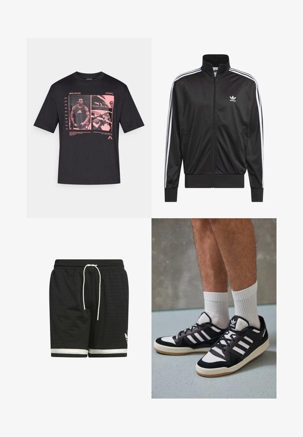 Crna poliester jakna s patentnim zatvaračem i visokim ovratnikom, bijeli dizajn s tri pruge duž rukava i mali bijeli Adidas logo na lijevoj strani prsnog koša.; Crna pamučna majica s grafičkim tiskom u ružičastoj boji s okvirima za tekst i slikama povezanim s košarkom. Kratki rukavi, dizajn okruglog ovratnika.; Crne sportske kratke hlače napravljene od teksturirane mrežaste tkanine. Imaju bijelu uže za vezanje i bijelu prugu duž ruba. Adidas logo u bijeloj boji.; Crne i bijele tenisice s gornjim dijelom od antilopa i kože, s tri bijele pruge, perforiranim prstom i gumiranim potplatom.