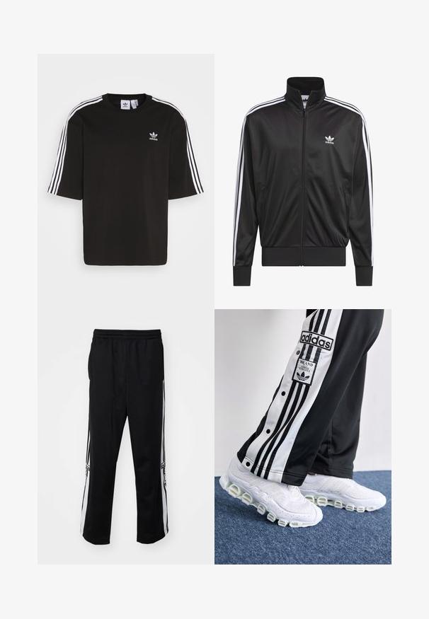 Svart polyester zip-up jacka med hög krage, vit tre-stripes design längs ärmarna, och liten vit Adidas-logga på vänster bröst.; Svart kortärmad T-shirt i bomull, med vita tre-randiga detaljer på axlarna och en broderad Adidas-logotyp på bröstet.; Svarta träningsbyxor i slätt tyg, med vita sidostripes och ett elastiskt midjeband för komfort. Inga märkbara detaljer eller mönster.; Adidas joggingsbyxor i svart och vitt med tre ränder och tryckknappar, i kombination med vita sneakers med tjock, rörformad sula.
