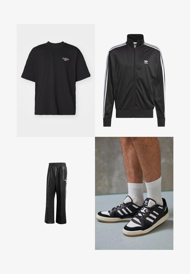 Juodas poliesterinis užtrauktukas su aukštu apykakle, baltos trijų juostelių dizainas palei rankoves ir mažas baltas Adidas logotipas kairiajame krūtinės pusėje.; Juodas trumpas rankovėmis marškinėliai, pagaminti iš medvilnės. Turi apvalų kaklą ir mažą baltą logotipą kairėje krūtinės pusėje. Standartinio kirpimo.; Juodos sintetinių medžiagų treniruočių kelnės su elastingu juosmeniu, su baltomis šoninėmis juostelėmis ir mažuoju baltu logotipu kairėje klubo pusėje.; Juodos ir baltos sportinės bateliai su zomšiniu ir odiniu viršumi, su trimis baltomis juostelėmis, perforuota koja ir guminėmis padais.