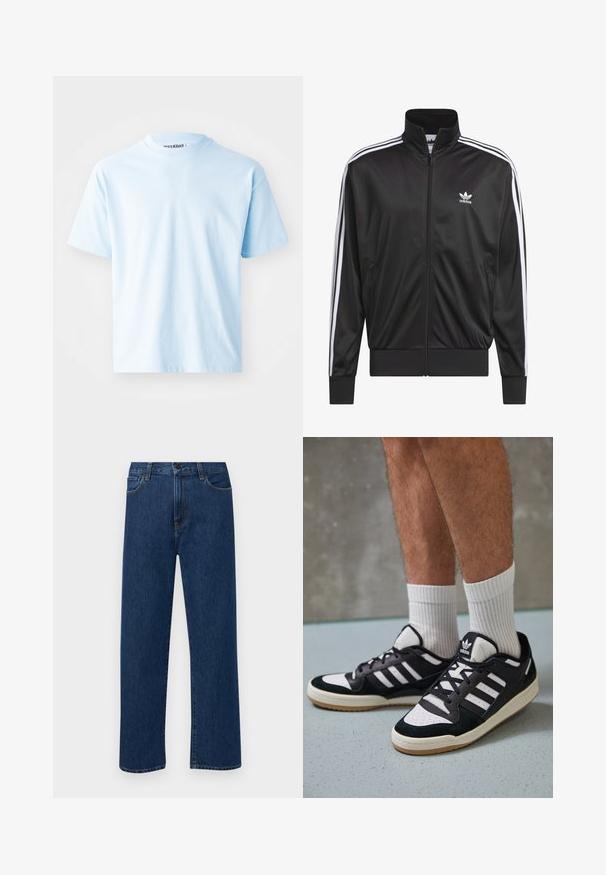 Melnas poliestera zip-up jaka ar augstu apkakli, baltu triju svītru dizainu gar piedurknēm un mazliet baltu Adidas logo kreisajā krūtī.; Gaiši zils kokvilnas T-krekls ar īsām piedurknēm, apaļu kakla izgriezumu un minimālām šuvēm. Uz kakla ir redzama birka "WEEKDAY".; Tumši zilas taisnas kājas denim bikses ar priekšējām kabatām un pogu aizdari, izvietotas uz vienkārša baltā fona.; Melnas un baltas kedas ar zamša un ādas augšdaļu, kas aprīkotas ar trim baltām svītrām, perforētu purngali un gumijas zolēm.