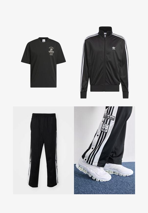 Juodas poliesterinis užtrauktukas su aukštu apykakle, baltos trijų juostelių dizainas palei rankoves ir mažas baltas Adidas logotipas kairiajame krūtinės pusėje.; Juoda medvilninė marškinėliai su trumpomis rankovėmis, apvaliu kaklu ir baltu spaudiniu, kuriame užrašyti "Los Angeles" ir "Adidas" priekyje.; Juodos sportinės kelnės, pagamintos iš lygaus audinio, su baltais šonų dryžiais ir elastingu juosmeniu patogumui. Nėra žinomų detalių ar raštų.; Adidas sportinės kelnės juodos ir baltos spalvų su trimis juostelėmis ir spaustukais, derinamos su baltomis sportinėmis bateliais, turinčiais storą, vamzdinę padą.