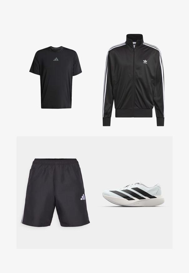 Black polyester zip-up jacket with high collar, white three-stripe design along sleeves, and small white Adidas logo on left chest.; Black short-sleeve athletic t-shirt made of lightweight fabric, featuring a crew neck and gray Adidas logo on the chest.; Black athletic shorts with an elastic waistband, featuring three white vertical stripes on each side and a small white logo on the lower left.; Lightweight running shoes in pale blue with black stripes. Features a smooth upper, round toe, and thick white midsole labeled "LIGHTSTRIKE PRO."