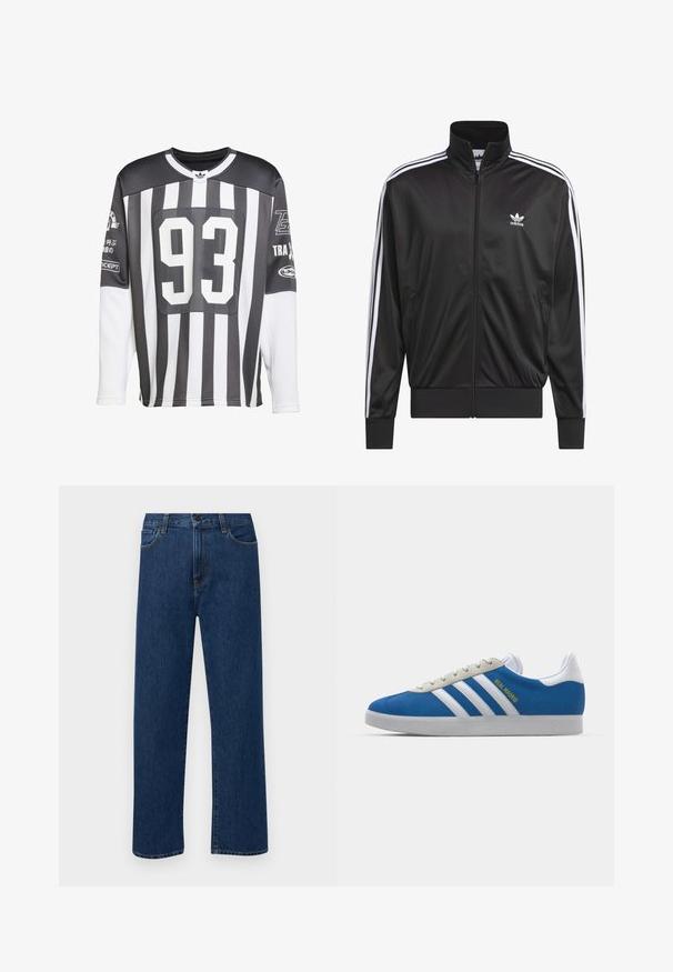 Mustad polüestrist tõmbluku jack, millel on kõrge krae, valge kolmest triibust koosnev disain varrukatel ja väike valge Adidas'i logo vasakul rinnal.; Mustvalge pika varrukaga jerser, millel on vertikaalsed triibud, võrknurk, suur number "93" seljal ja logo aktsendid varrukatel.; Tumedat sinised sirged teksapüksid esikottide ja nupuklõpsuga, esitatud helesinisel taustal.; adidas Originals ADIDAS GAZELLE SHOES - Saalijalgpalli saapad - real madrid/bluebird/footwear white/crew yellow