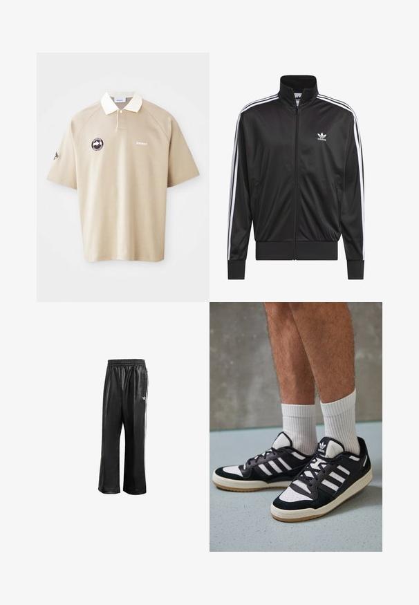Zwarte polyester zip-up jas met hoge kraag, witte drie-strepen ontwerp langs de mouwen en klein wit Adidas-logo op de linkerbovenborst.; Beige polo shirt met korte mouwen, witte kraag, knopenlijst, merklogo op de borst en een ronde patch aan de linkerkant.; Zwarte synthetische trainingsbroek met een elastische tailleband, voorzien van witte zijstrepen en een klein wit logo op de linkse heup.; Zwart-witte sneakers met een bovenwerk van suede en leer, voorzien van drie witte strepen, een geperforeerde neus en een rubberen gumzool.