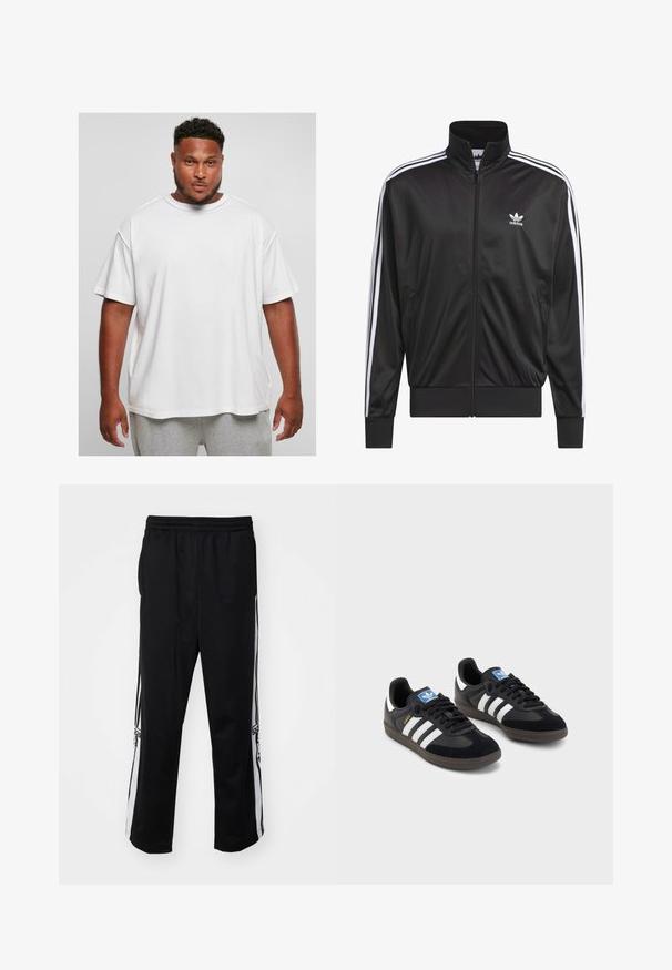 Juodas poliesterinis užtrauktukas su aukštu apykakle, baltos trijų juostelių dizainas palei rankoves ir mažas baltas Adidas logotipas kairiajame krūtinės pusėje.; Balta per didelė medvilnės marškinėliai trumpomis rankovėmis ir apvaliu iškirpimu, pasižymintys lygiu audiniu ir laisvu kirpimu, dėvimi su pilkais šortais.; Juodos sportinės kelnės, pagamintos iš lygaus audinio, su baltais šonų dryžiais ir elastingu juosmeniu patogumui. Nėra žinomų detalių ar raštų.; Juodi sportiniai bateliai su zomšos ir sintetine viršutine dalimi, turintys tris baltas juosteles, tekstūruotą gumos pado paviršių ir mėlyną logotipo etiketę ant liežuvėlio.