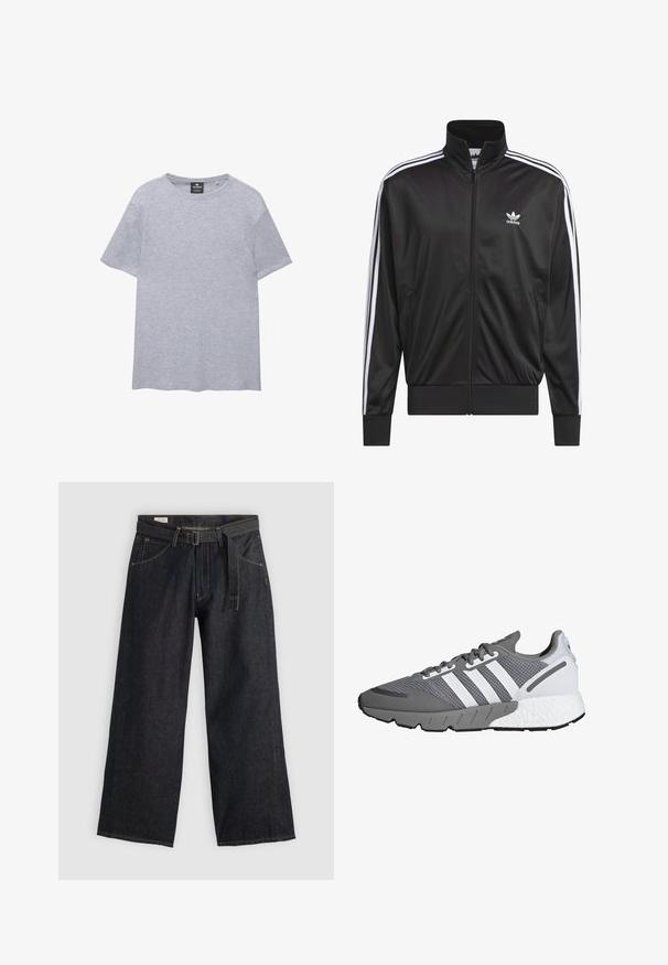 Sort polyester zip-jakke med høj krave, hvid tre-stribe design langs ærmerne og lille hvid Adidas-logo på venstre bryst.; Grå t-shirt med korte ærmer lavet af bomuld. Har en rund halsudskæring og en afslappet pasform. Enkelt design uden mønstre eller detaljer.; Mørk denim bukser med brede ben og bælte i taljen, som har forlommer og kontrastsytråd. Glat tekstur med et rent design.; Grå og hvid atletiksko med et netoverdel, tre hvide striber, en polstret sål og en tekstureret grå gummisål.