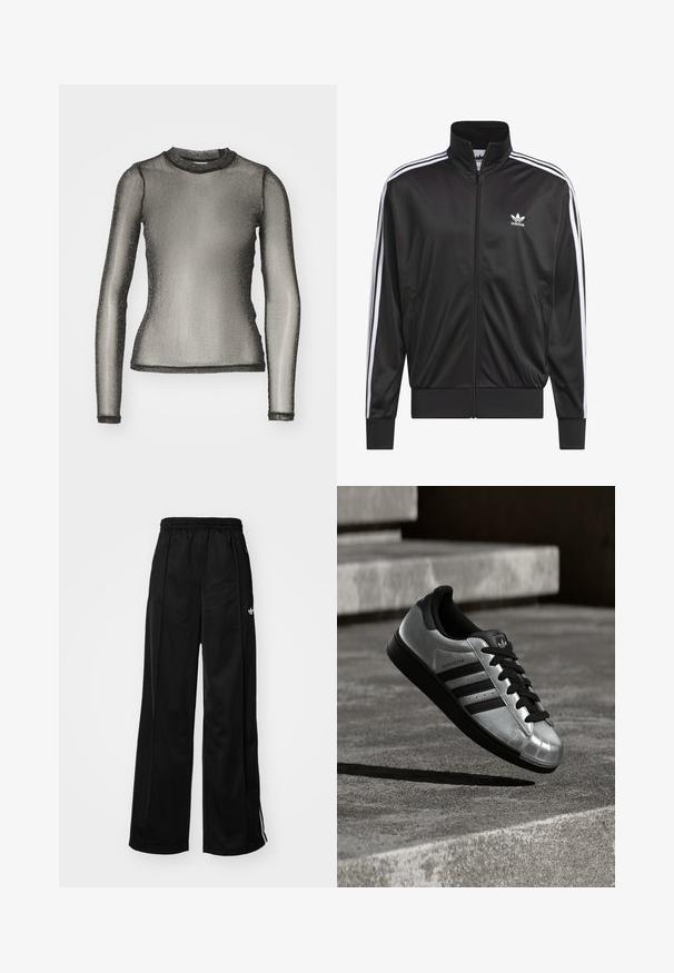 Zwarte polyester zip-up jas met hoge kraag, witte drie-strepen ontwerp langs de mouwen en klein wit Adidas-logo op de linkerbovenborst.; Noisy May NMSHIMMY - Longsleeve - black/silver-coloured; Zwarte wijde trainingsbroek met een elastische tailleband, voorzien van witte zijkanten en een klein logo op de linker heup. Stevige stoftextuur.; Zilveren sneaker met een zwarte rubberen zool, zwarte veters en drie zwarte strepen. Heeft een metalen finish en een klassieke shell-toe ontwerp.